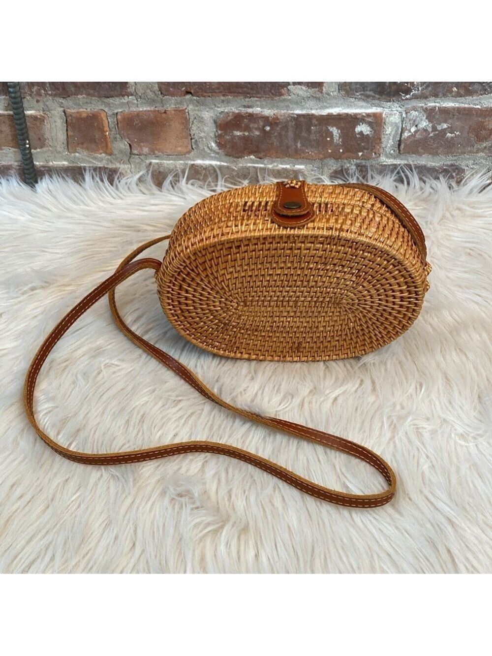 Oval Woven Rattan Bag with Long Leather Strap